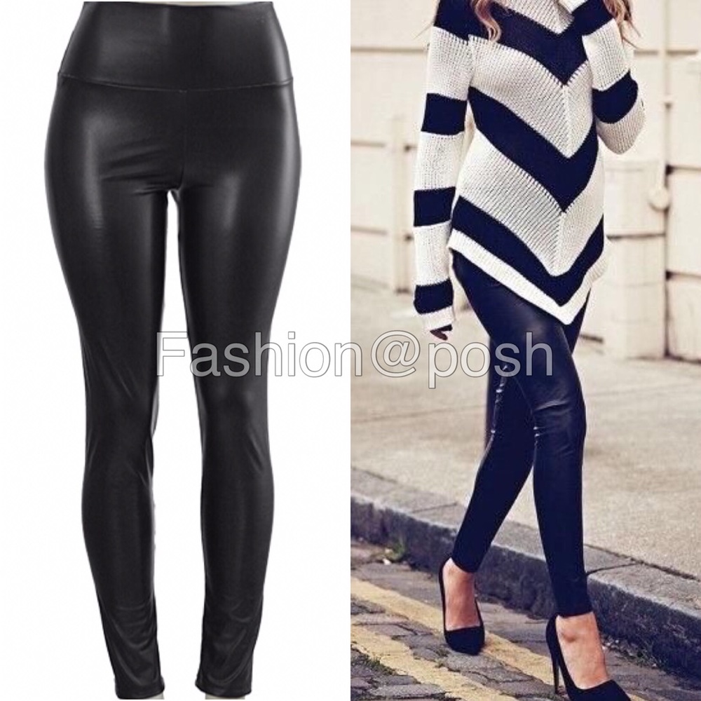 Faux Leather Leggings High Waisted Tummy Control - Picture 3 of 4